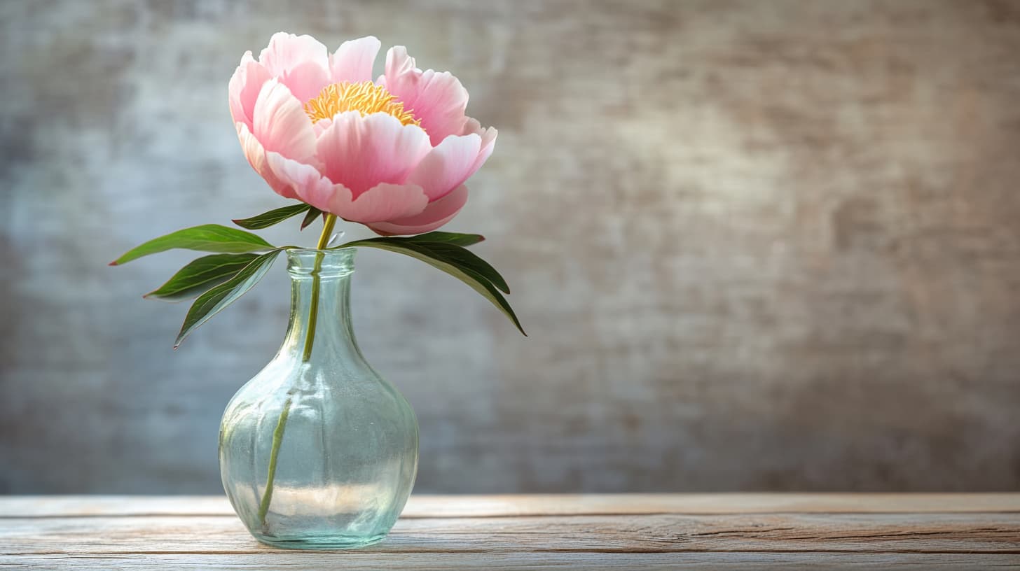 Natura morta di un singolo stelo di peonia fresca in un piccolo vaso di vetro, lino beige su legno patinato — illustra la bellezza naturale e l'approccio non invasivo.