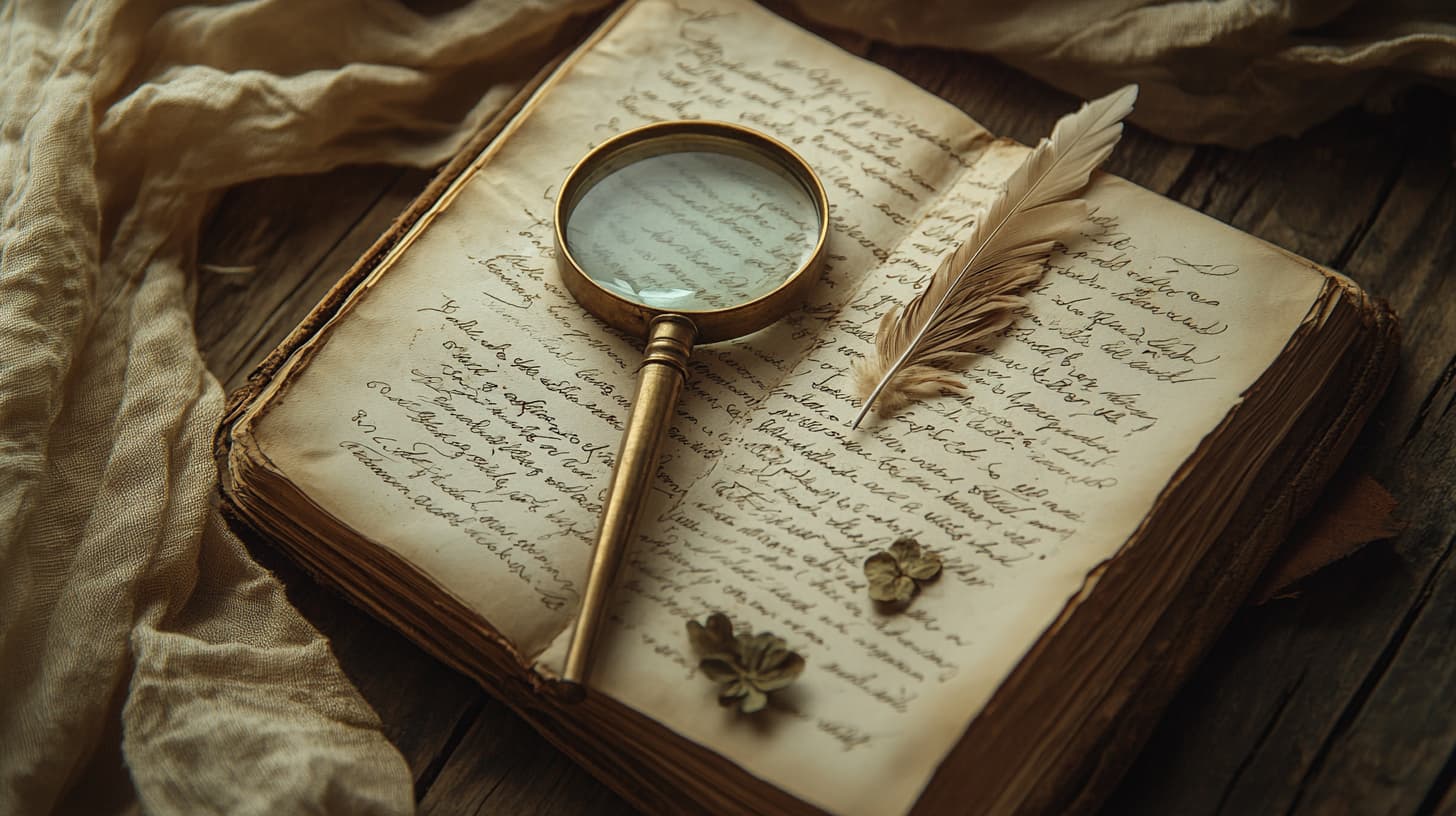 Natura morta che evoca lo studio e la ricerca: lente d'ingrandimento in ottone, taccuino aperto e botaniche essiccate su lino beige — illustra l'indagine scientifica al centro di questo articolo sui benefici del massaggio facciale.