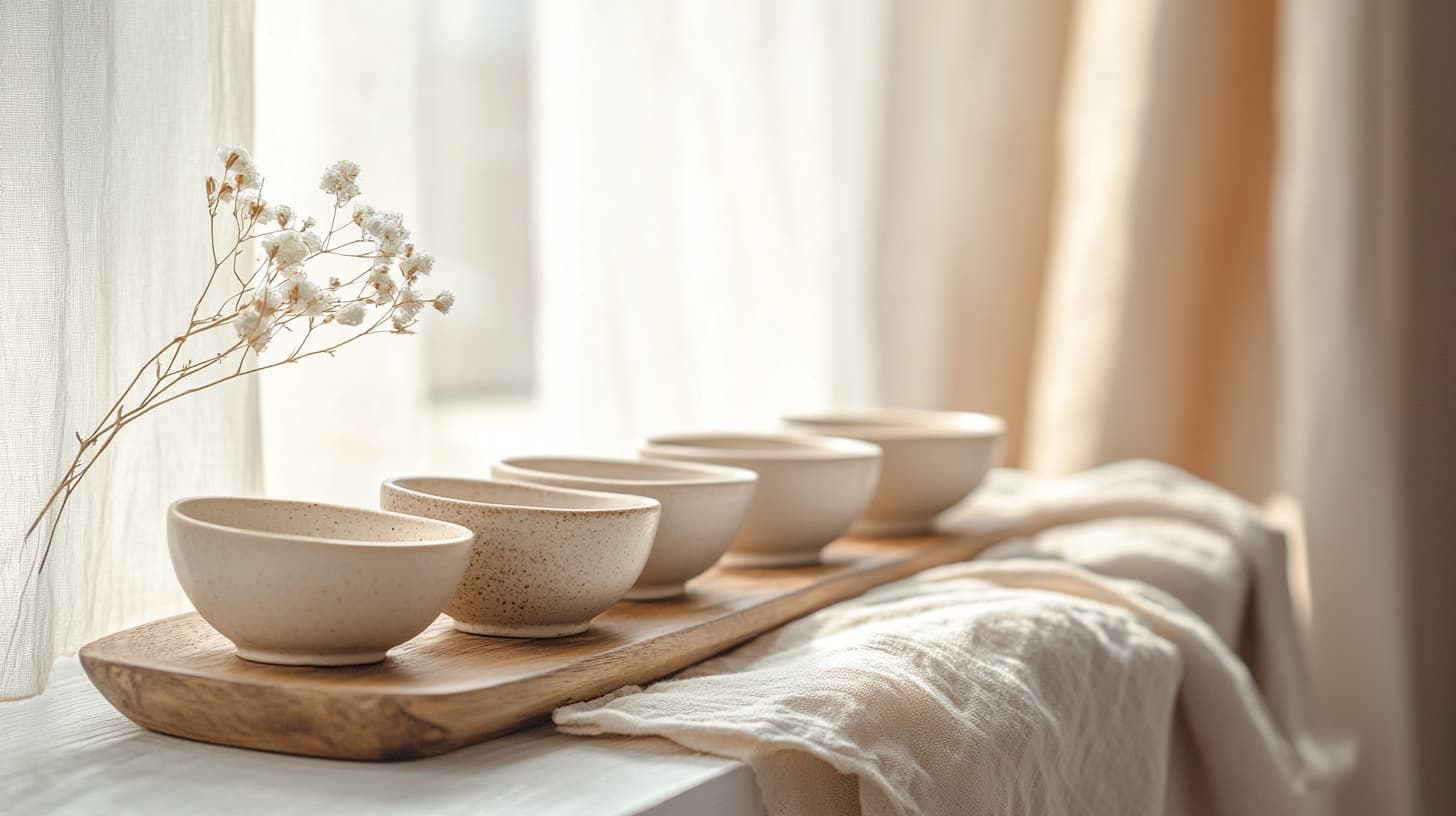 Natura morta di un rituale di trattamento viso: ciotole di ceramica allineate, lino beige piegato, un singolo stelo di fiore essiccato e un vassoio di legno su una superficie calda — illustra la sequenza di un trattamento viso completo in studio.