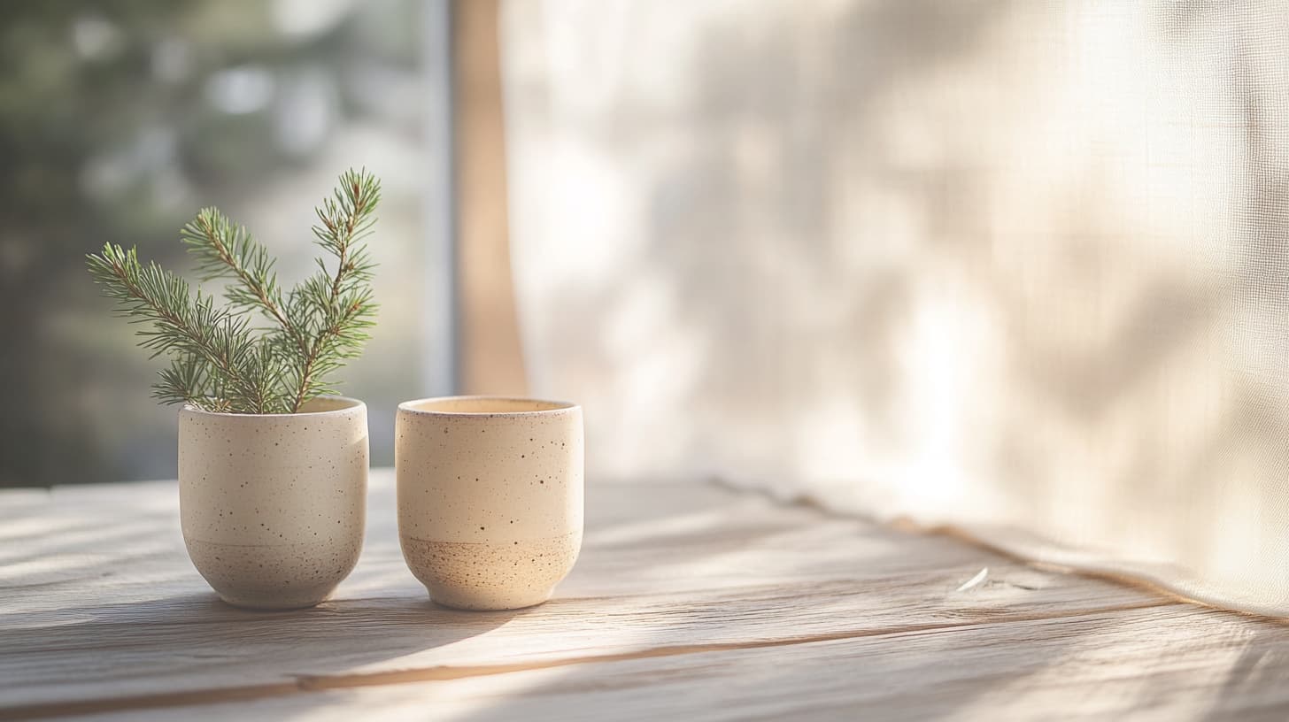 Natura morta di ceramiche giapponesi sobrie, un rametto di pino e lino naturale su legno patinato — illustra la filosofia giapponese della cura del viso.