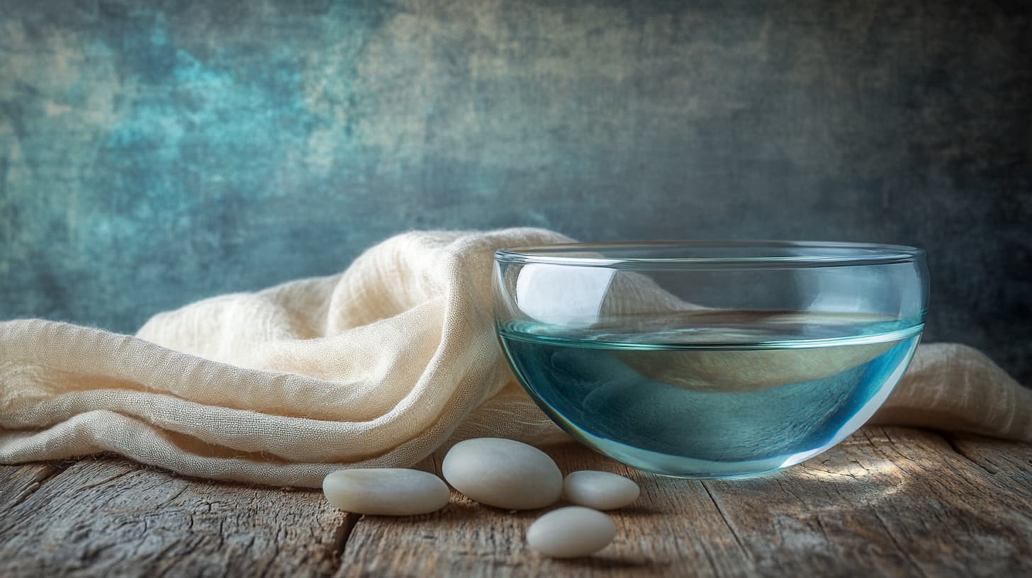 Natura morta di ciotole in ceramica con acqua chiara e lino beige su legno patinato — illustra la fluidità del drenaggio e la precisione della cura manuale del viso.
