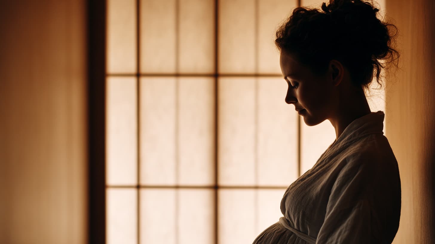 Silhouette en contre-jour d'une femme enceinte de profil devant une fenêtre voilée d'un paravent shoji japonais, vêtue d'un kimono d'intérieur en lin clair, image douce légèrement flouée évoquant la discrétion et l'attente paisible
