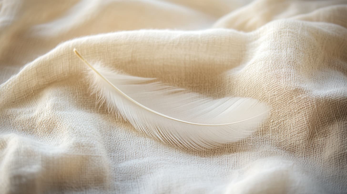 Nature morte d'une plume blanche très légère posée sur lin beige et bois patiné — illustre la délicatesse requise pour les peaux sensibles.