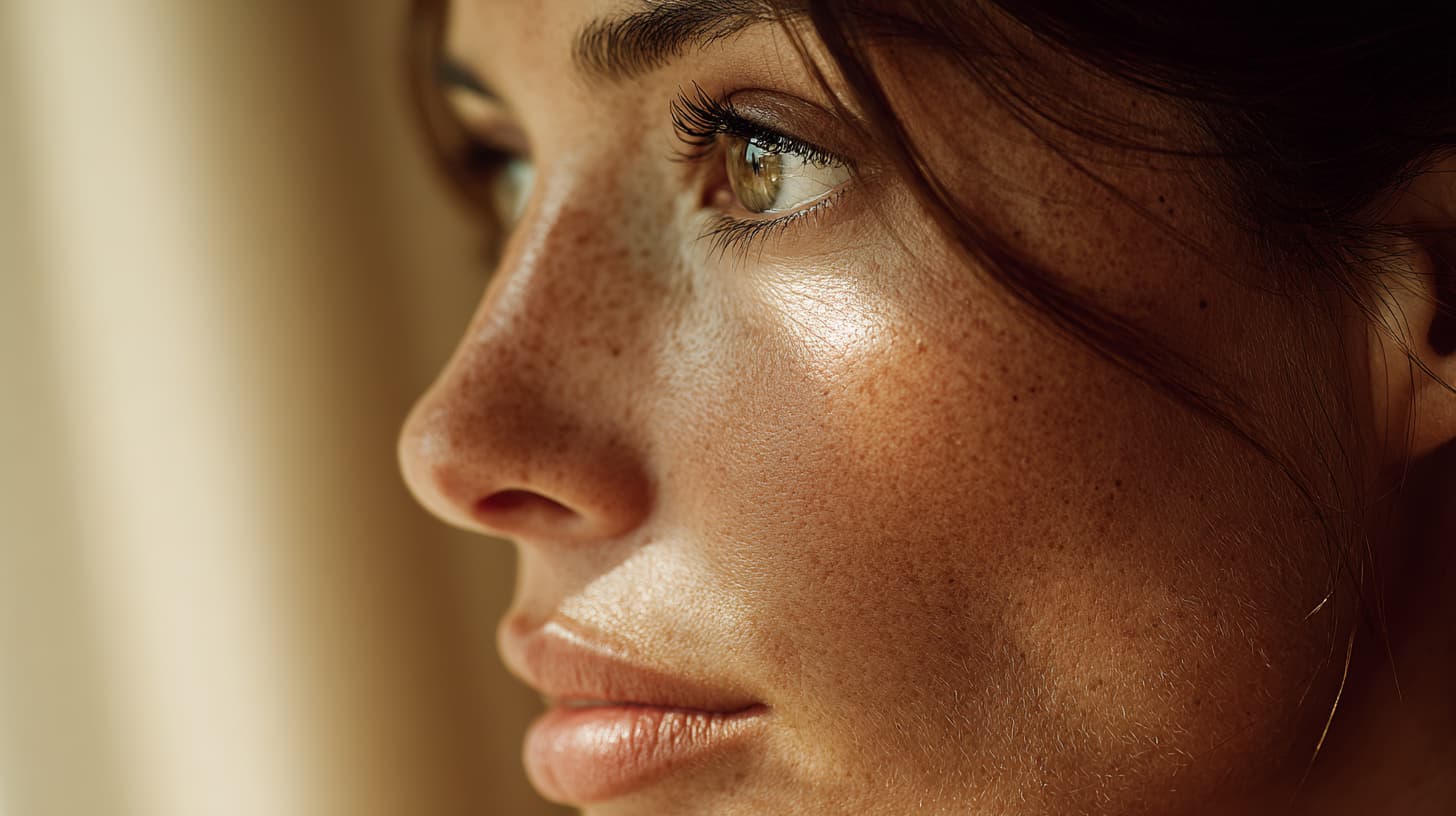 Détail d'un visage de femme de profil au soleil tamisé d'une fin d'été parisien, peau lumineuse hâlée mais reposée, regard tourné vers la lumière douce, sans maquillage marqué