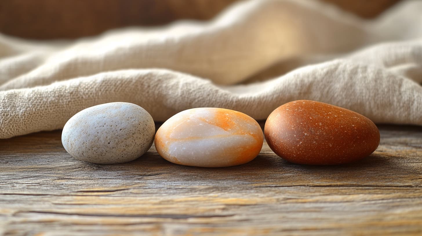 Natura morta di tre pietre lisce di colori distinti disposte a triangolo su legno patinato — illustra la scelta consapevole tra tre pratiche di cura del viso.