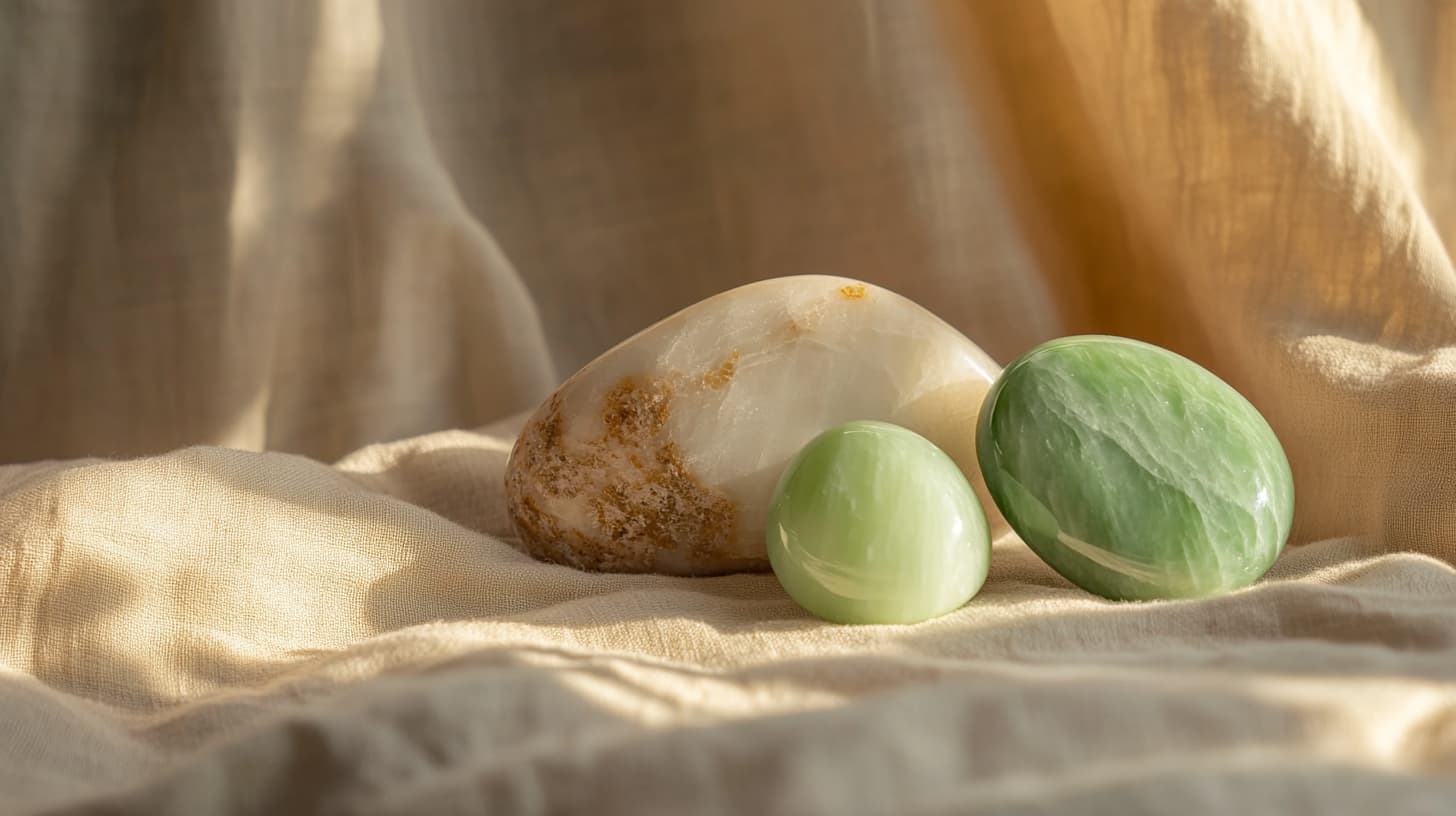 Natura morta di pietre di giada intagliate e lino beige su legno patinato — illustra la precisione e l'arte della scultura manuale del viso.