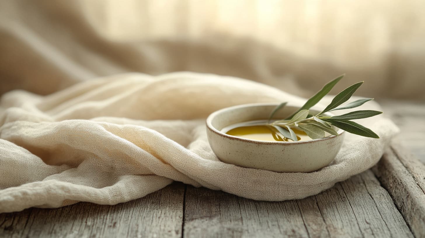 Natura morta di lino beige drappeggiato, ciotola in ceramica con olio per il viso e foglie d'ulivo su legno patinato — illustra il rituale quotidiano di cura del viso.