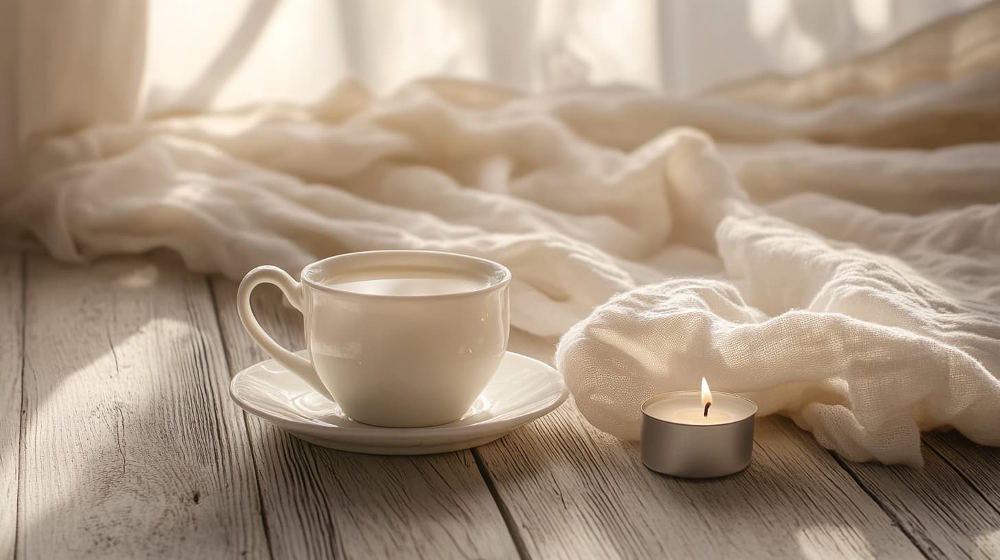 Nature morte d'un service à thé en porcelaine et linge naturel sur bois patiné — illustre la précision attentive du soin du visage à Paris.