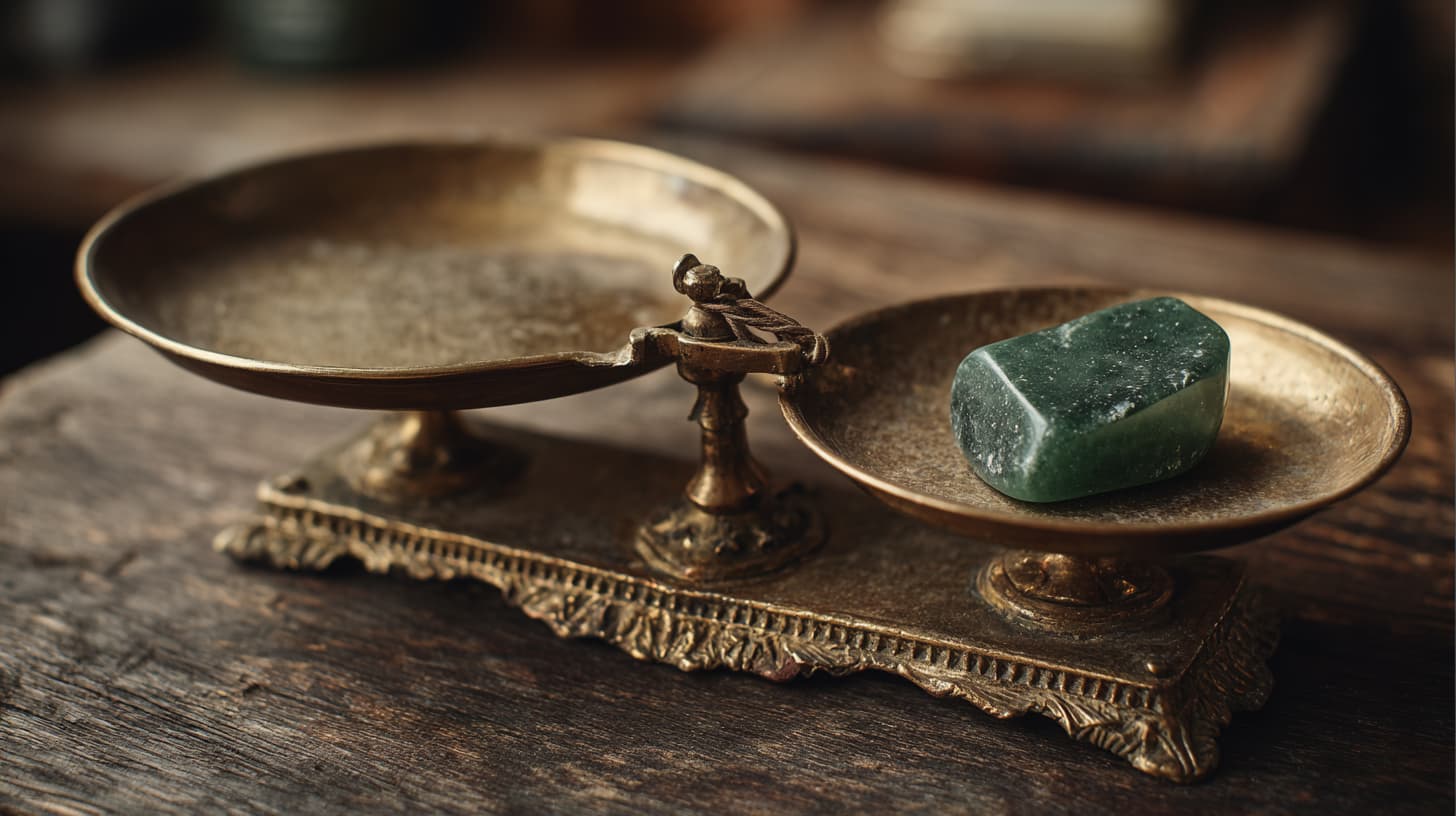 Petite balance ancienne en laiton avec un plateau supportant une pierre de jade vert profond, posée sur une surface en bois sombre, lumière naturelle douce mettant en valeur la patine du laiton et le poli de la pierre