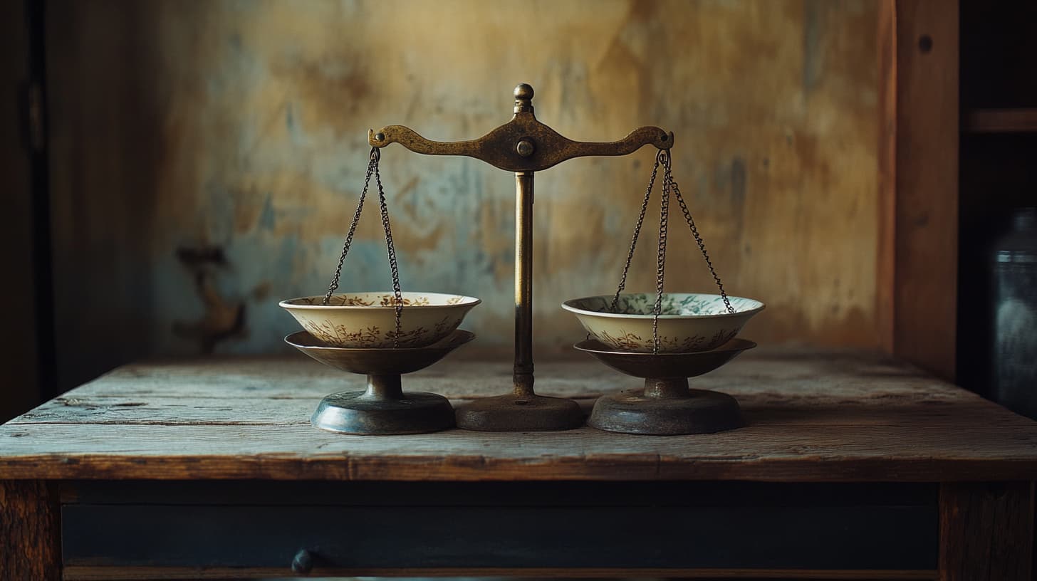Nature morte d'une balance ancienne en cuivre et linge naturel sur bois patiné — illustre l'évaluation honnête du juste prix d'un soin du visage.