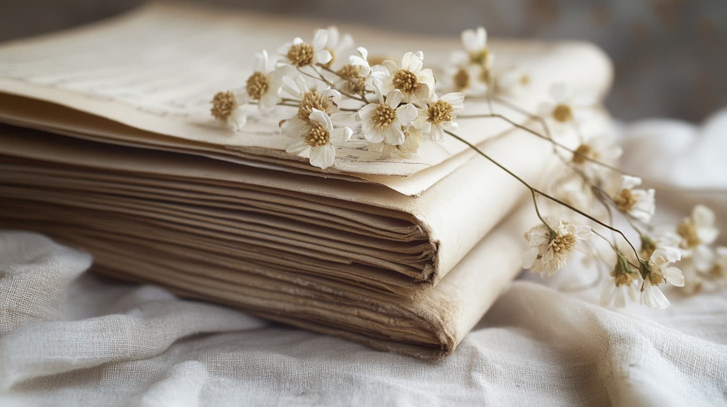 Nature morte d'un calendrier ancien avec fleur séchée et linge naturel sur bois patiné — illustre la progression honnête des résultats du Kobido dans le temps.